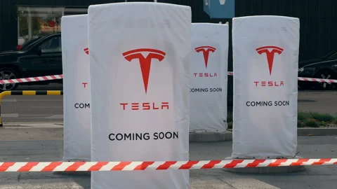 Riga Latvia 26 September 2022 Coming soon New Tesla superchargers freshly
