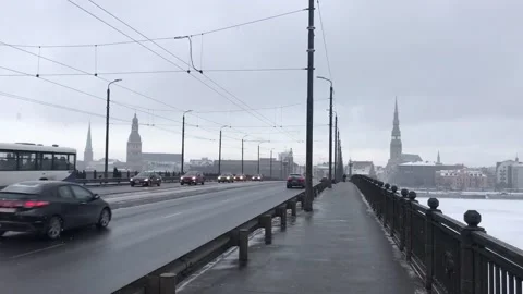 Riga, Latvia, A large long train on a bridge Stock Footage 134417231