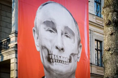 Riga, Latvia - March 15, 2022: A poster of Russian President Vladimir Putin Stock Photos