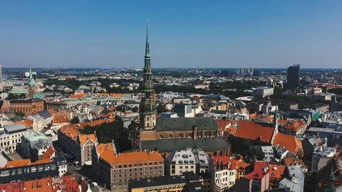 RIGA, LATVIA - MAY, 2019: Beautiful aerial panorama view of the old town of Riga Stock-Footage 125478703