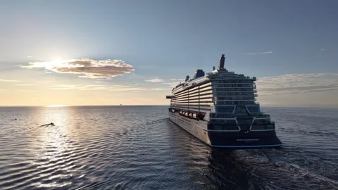 Riga, Latvia - May 22, 2026: Beautiful Drone Shot Fallowing Cruise Ship in Sea Stock Footage 335718657