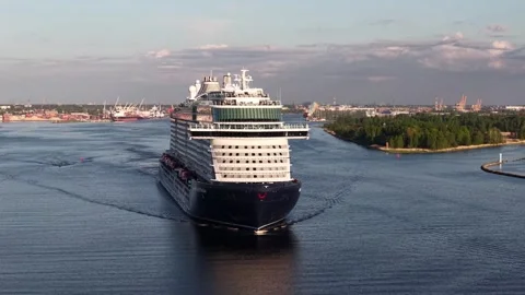 Riga, Latvia - May 22, 2026: Big Cruise Ship Passing Small Harbor Drone Shot Stock Footage 335718703