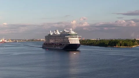 Riga, Latvia - May 22, 2026: Huge Cruise Ship Leaving Riga Port Stock Footage 335718762