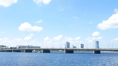 Riga, Latvia, panoramic view of Stone bridge Stock Footage 111986992