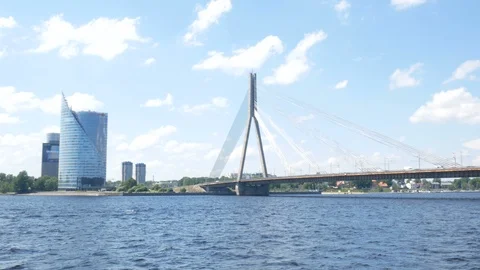 Riga, Latvia, panoramic view of Vanšu bridge Video stock 111983375