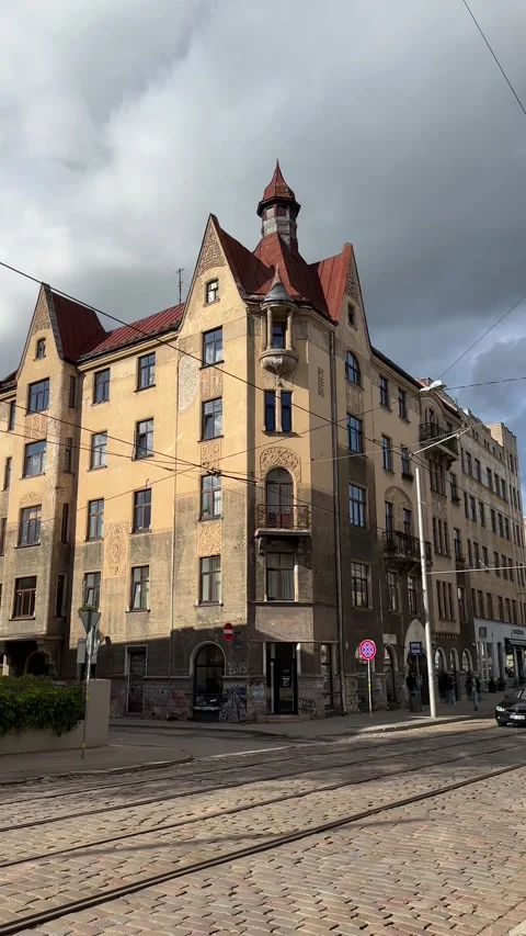 Riga, Latvia – September 2, 2026: Art Nouveau Corner Building Stock Footage 345169096