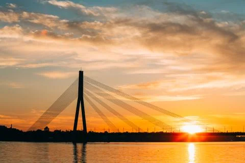 Riga, Latvia. Vansu Cable-Stayed Bridge Over The Daugava River, Stock Photos