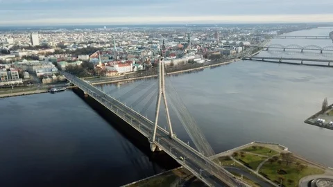 Riga old town and bridge aerial view Stock Footage 122158580