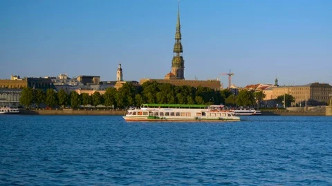 Riga Old Town copyspace panorama background in evening sunset light 스톡 동영상 91705253