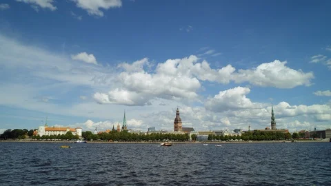 Riga Old Town from the other side of the river Daugava Stock Footage 87546685