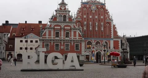 Riga old town square and House of the Blackheads Stock Footage 321046946