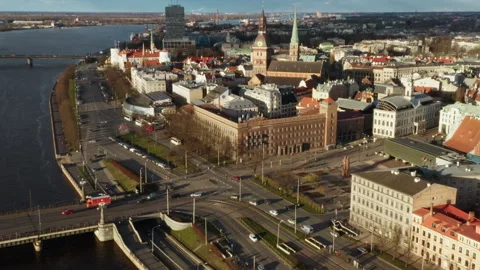Riga Old Town Stone Bridge Daugava River Traffic 11th November Embankment Video stock 325975104