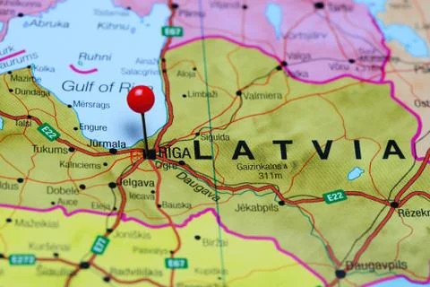 Riga pinned on a map of Latvia Stock-Fotos