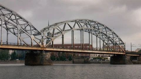 Riga Railway Iron Bridge Stockbeeldmateriaal 122379293