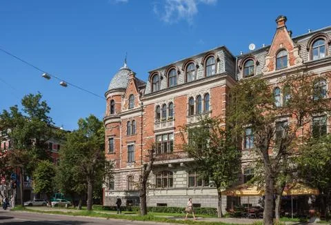 Riga, red brick house on Elizabetes street Stock Photos