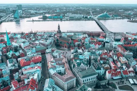 RIga rooftop view panorama at sunset with urban architectures and Daugava Riv Photos