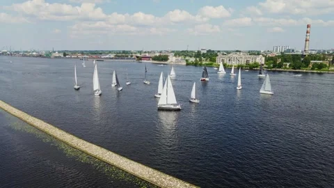 Riga Sailing Regatta With White Yachts Racing Across The Daugava River In Summer Stock-Footage 344007867