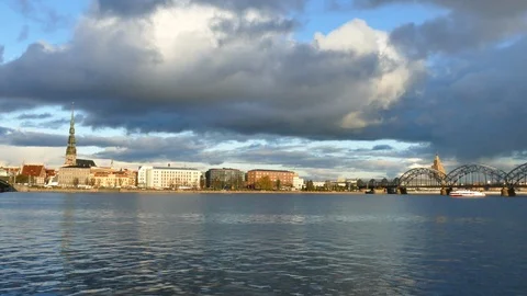 Riga Skyline as seen over river Daugava Stock Footage 97701504