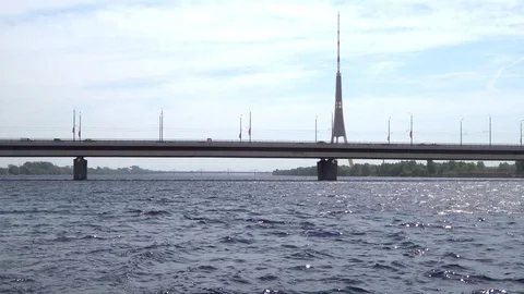 Riga TV tower panorama - view from the the Dvina (Daugava) river Stock Footage 95195846