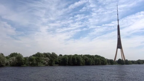 Riga TV tower panorama - view from the the Dvina (Daugava) river Stock Footage 95195904