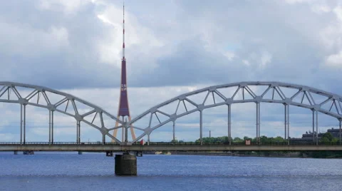 Riga view with bridge over river, latvia Stock Footage 59118320