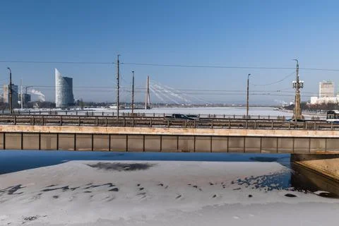 Riga winter view with Daugava River, bridge, Vansu Bridge, Z Towers Stock Photos