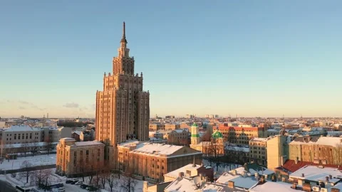 Riga,Aerial 4K video from drone on Latvian Academy of Sciences building winter Stock Footage 148881663