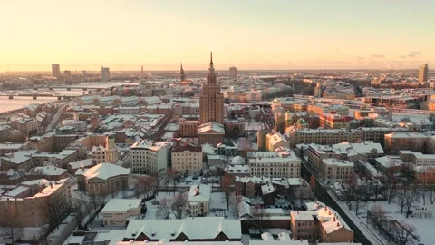 Riga,Aerial 4K video from drone on Latvian Academy of Sciences building winter Stock Footage 148882073