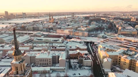Riga,Aerial 4K video from drone on Latvian Academy of Sciences building winter Stock Footage 148883027