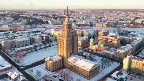 Riga,Aerial 4K video from drone on Latvian Academy of Sciences building winter Stock Footage 148904424