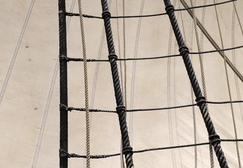 Rigging and sails on the HMS  Bounty, a 180-foot (54 meter) square-rigged thr Stock Photos