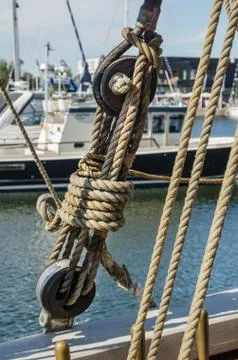 Rigging on the deck of an old sailing ship Stock Photos
