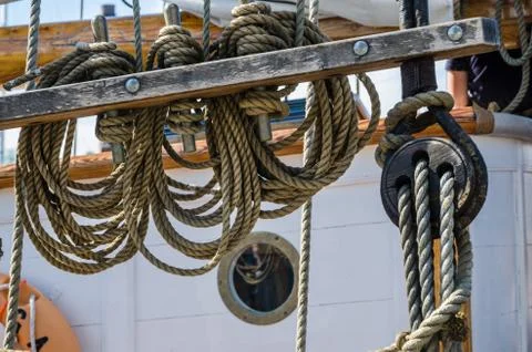 Rigging on the deck of an old sailing ship Stock Photos
