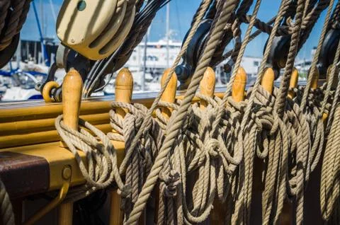 Rigging on the deck of an old sailing ship Stock Photos