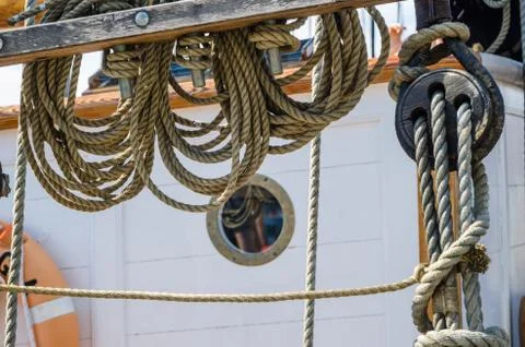 Rigging on the deck of an old sailing ship Stock Photos