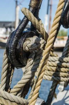 Rigging on the deck of an old sailing ship Stock Photos