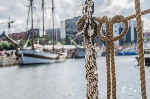 Rigging on the deck of an old sailing ship Stock Photos