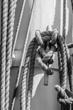 Rigging on the deck of an old sailing ship Stock Photos