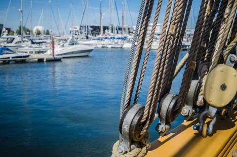 Rigging on the deck of an old sailing ship Stock Photos