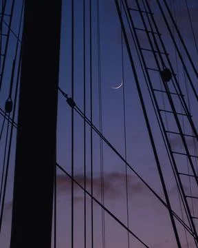 The rigging of an old sailing ship and the moon Stock Photos