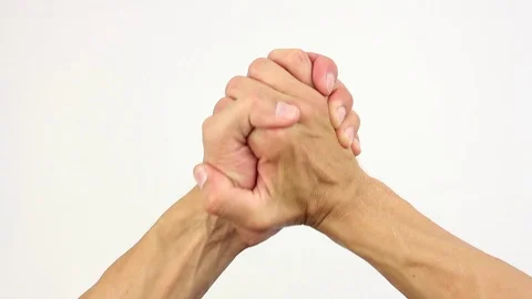 Right and left human palms connected in lock, then splits, white background Stockbeeldmateriaal 93780630