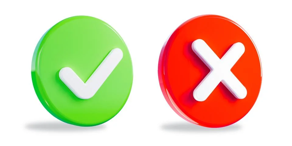 Right and wrong 3D Icons, acceptance and rejection concept. 3D Illsutration Ilustración de archivo