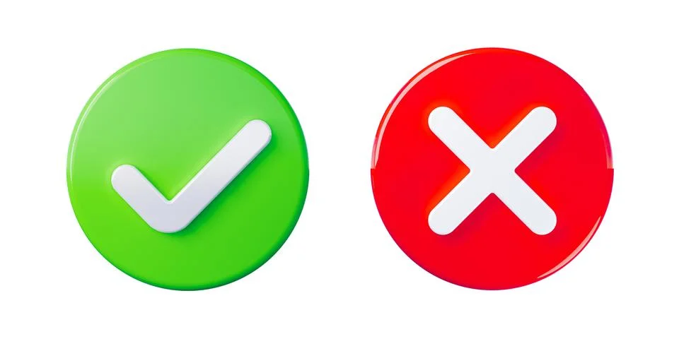 Right and wrong 3D Icons, acceptance and rejection concept. 3D Illustration. Illustrazione stock