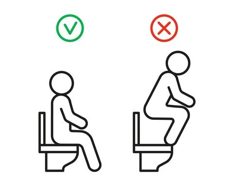 Right and wrong behavior in toilet. WC rules sit on seat toilet but not stand Illustrazione stock