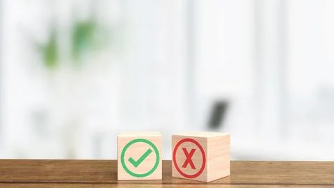 The right and wrong on blank wood cube for business concept 3d rendering Stock Illustration