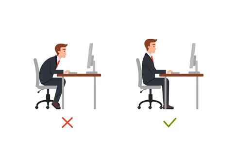 Right and wrong sit position in office chair, flat vector illustration isolated. Stock Illustration