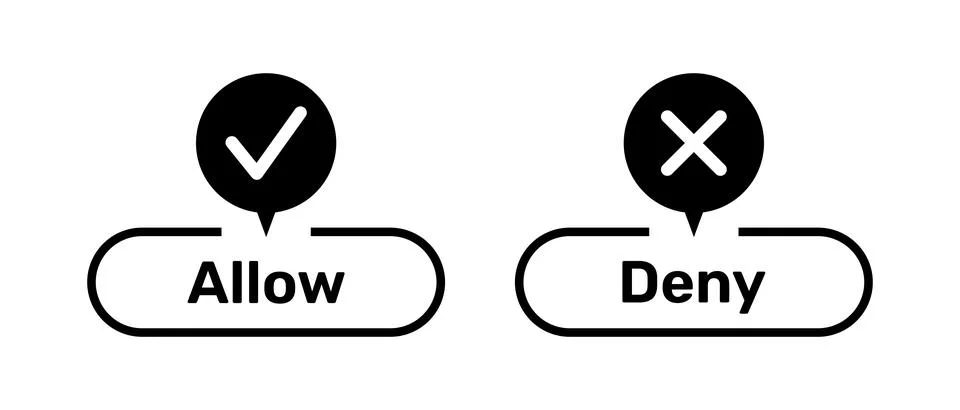 Right and Wrong symbols with Allow and Deny buttons black. Stock Illustration