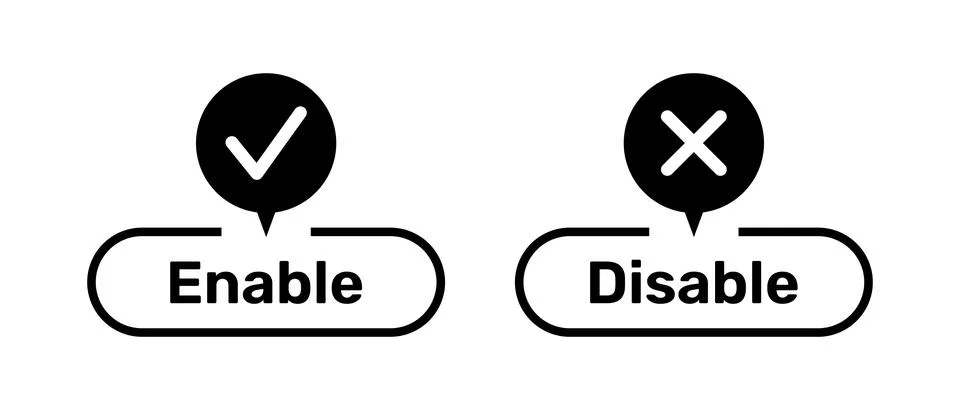 Right and Wrong symbols with Enable and Disable buttons black. Stock Illustration