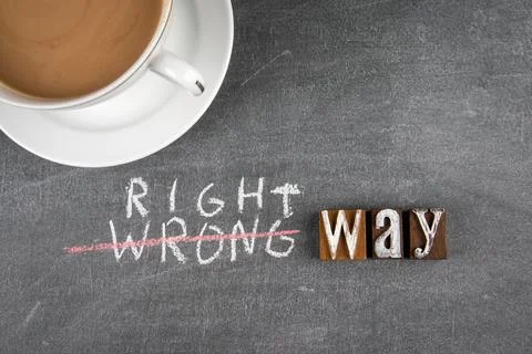 Right and Wrong Way concept. Cup of coffee on a dark chalk board Stock Photos