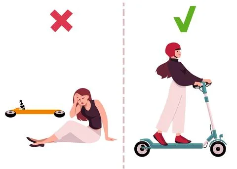 Right and wrong way of driving a scooter, woman without helmet fell down of Stock Illustration